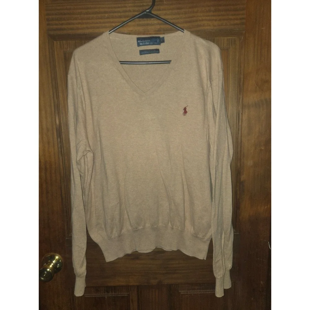 Polo Ralph Lauren Mens‎ Tan Pima Cotton V-Neck Sweater Beige Large Pony Logo